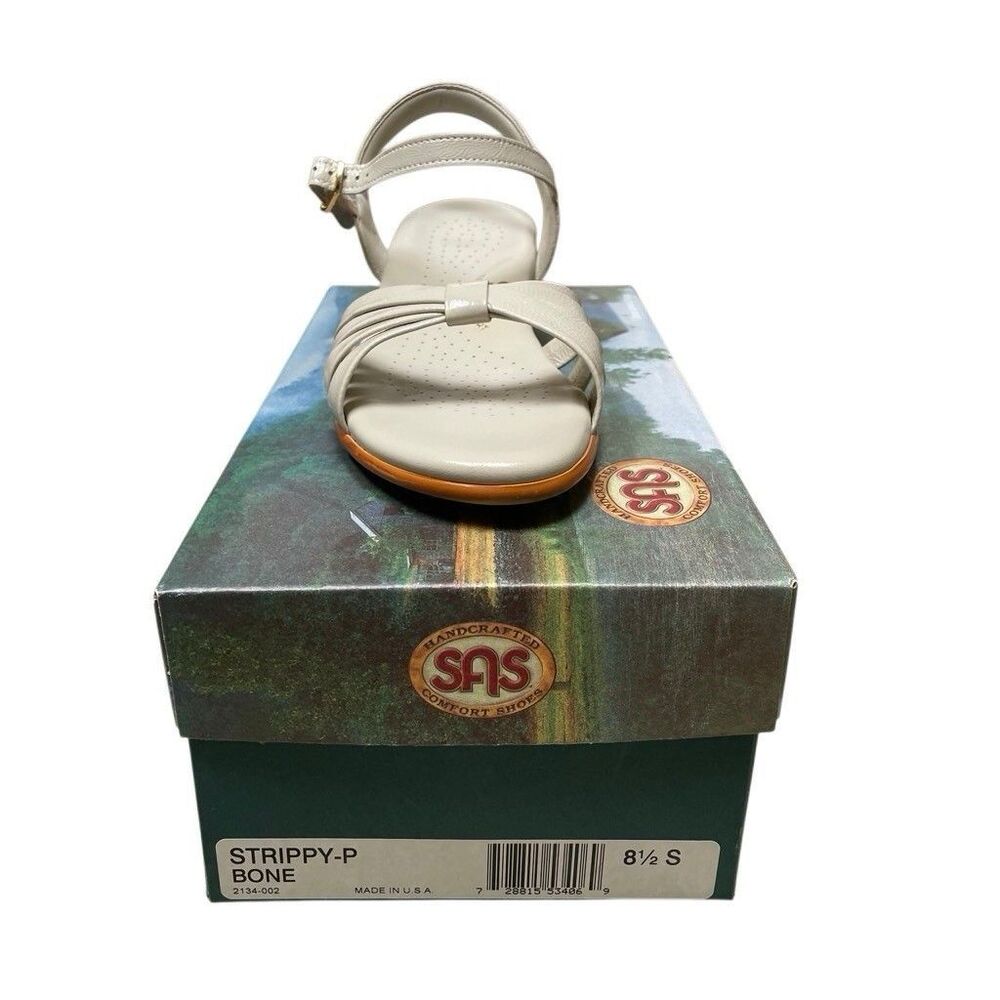 SAS Sandals Strippy-P  Women’s 8.5 Slim Wedge Ankle Strap Bone‎ Patent Leather